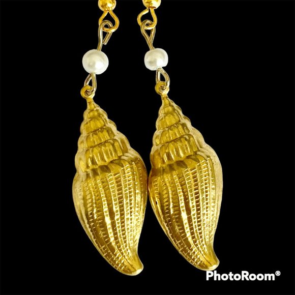 Vintage Conch Shell Pearl Earrings Gold Plated Dangle Sea Life Island Nautical - Picture 4 of 11